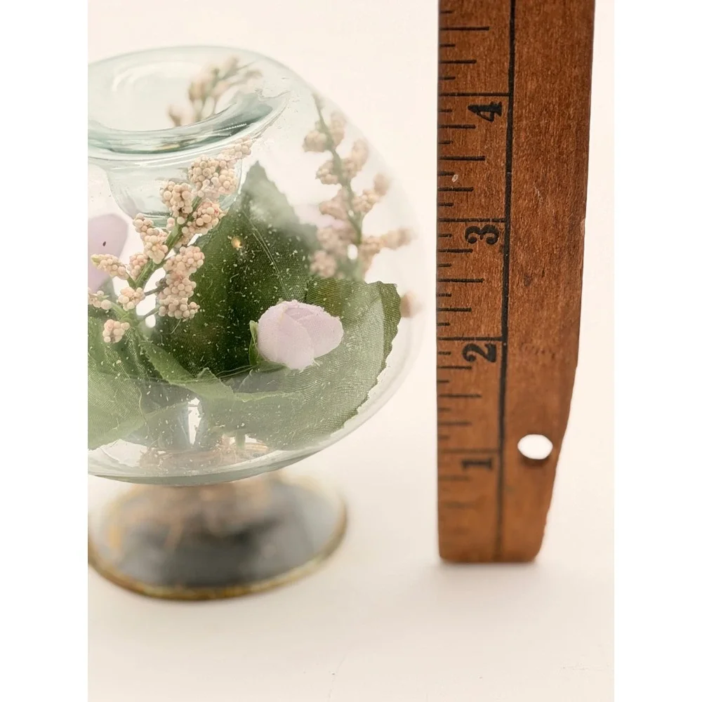 Vintage Glass Terrarium Votive Candle Holder Purple Faux Flowers Pedestal Globe